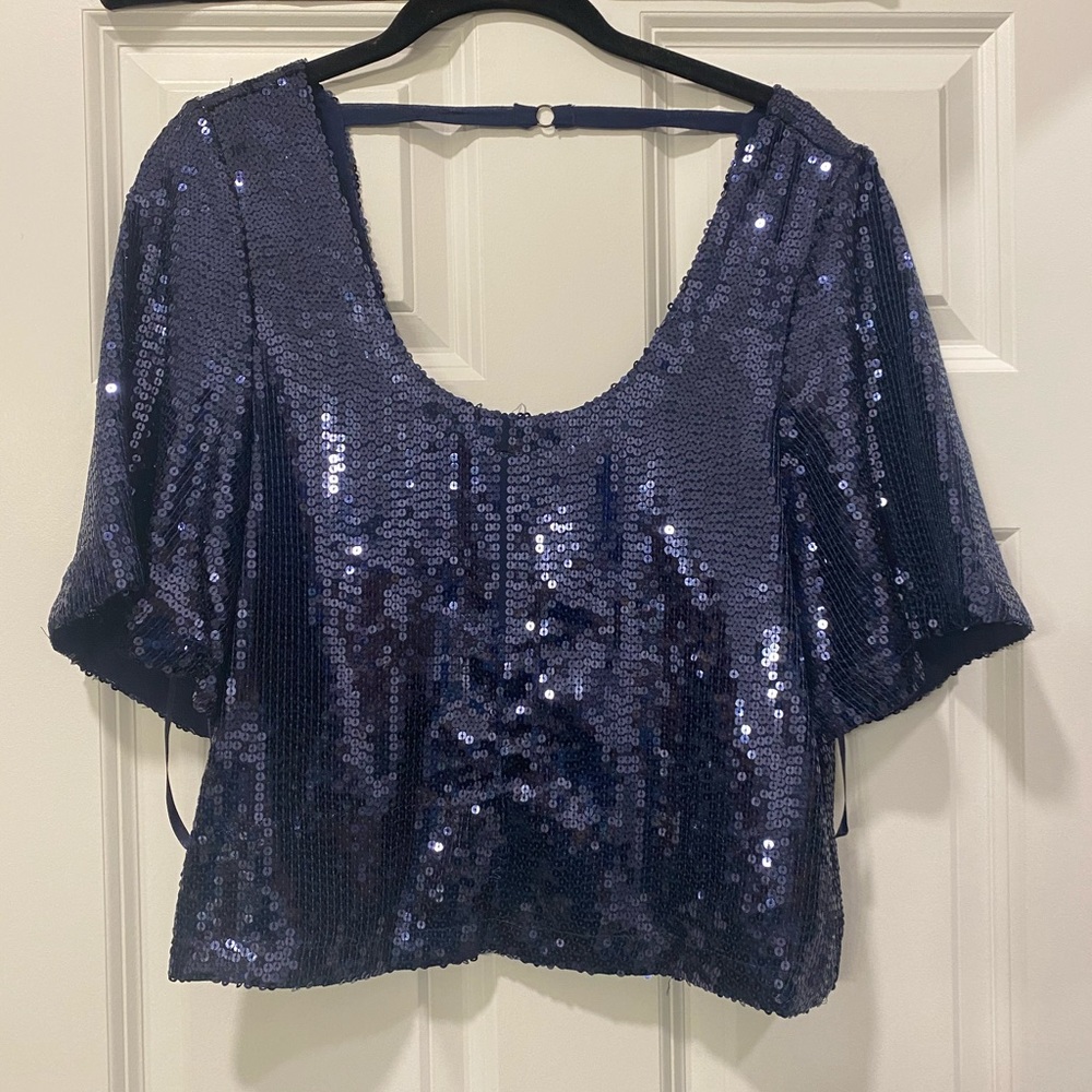 Free People Blue Sequin Crop Shirt